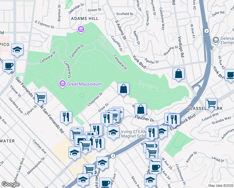 map of restaurants, bars, coffee shops, grocery stores, and more near 3205 Weldon Avenue in Los Angeles