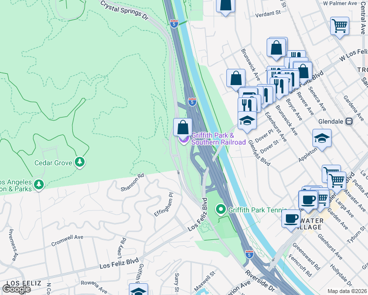 map of restaurants, bars, coffee shops, grocery stores, and more near Crystal Springs Dr in Los Angeles
