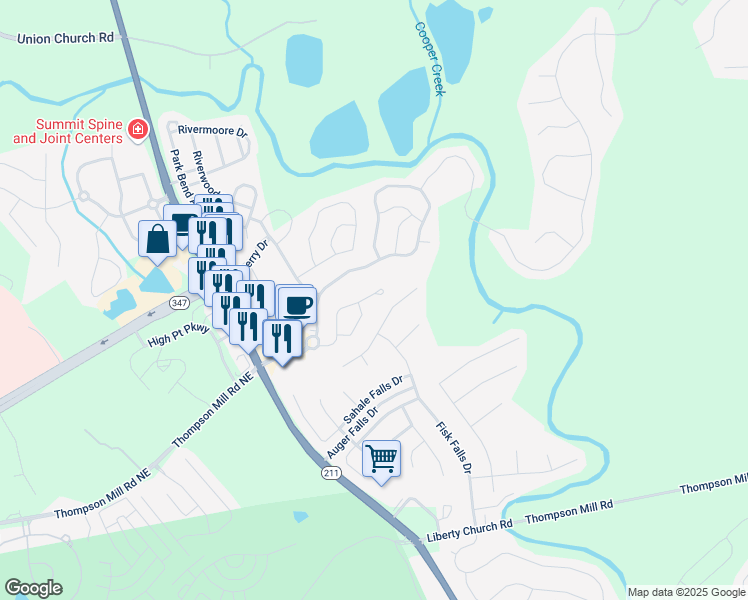 map of restaurants, bars, coffee shops, grocery stores, and more near 6453 Mossy Oak Landing in Braselton