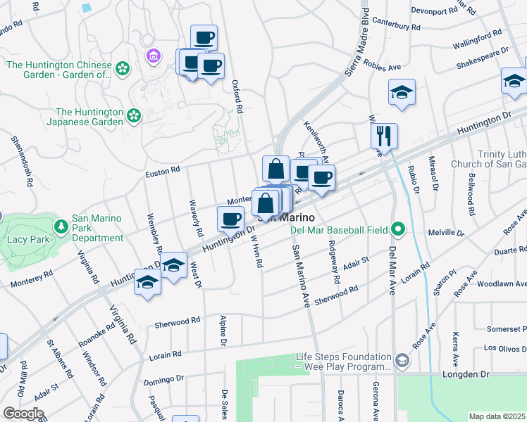 map of restaurants, bars, coffee shops, grocery stores, and more near 2135 Huntington Drive in San Marino