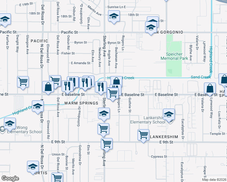 map of restaurants, bars, coffee shops, grocery stores, and more near 25748 East Baseline Street in Highland