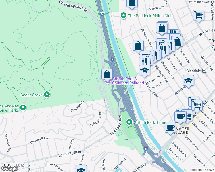 map of restaurants, bars, coffee shops, grocery stores, and more near Crystal Springs Dr in Los Angeles