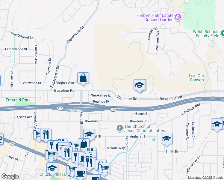 map of restaurants, bars, coffee shops, grocery stores, and more near 4485 Broken Spur Road in La Verne