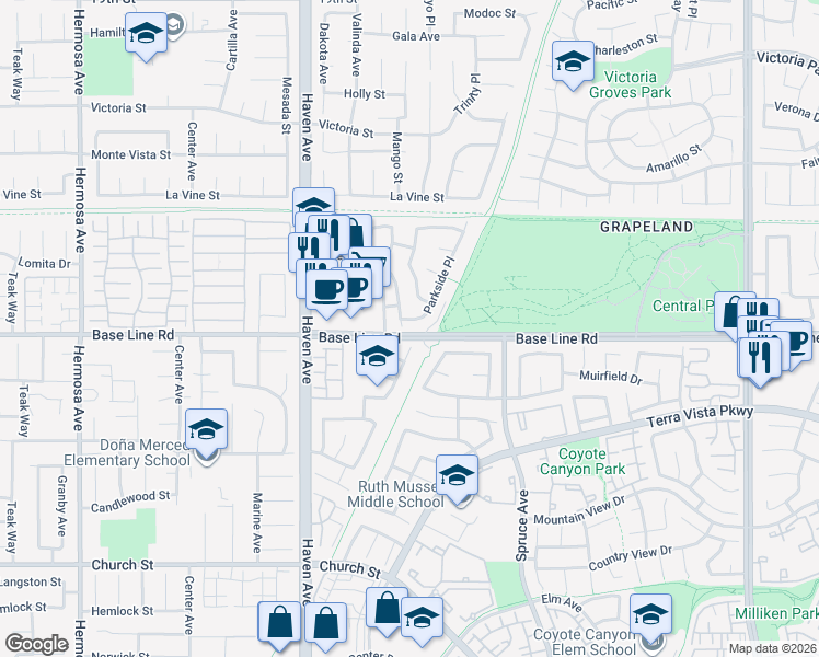 map of restaurants, bars, coffee shops, grocery stores, and more near 7297 Meadowlark Place in Rancho Cucamonga
