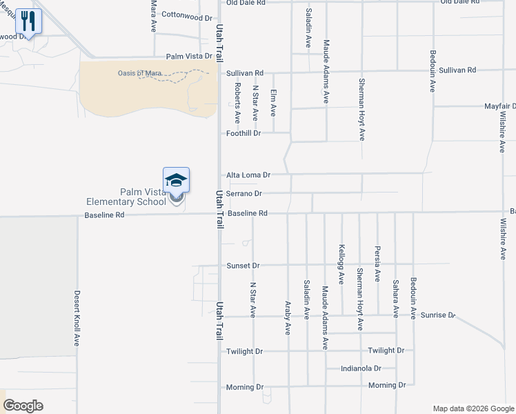 map of restaurants, bars, coffee shops, grocery stores, and more near 74612 Baseline Road in Twentynine Palms