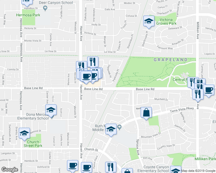 map of restaurants, bars, coffee shops, grocery stores, and more near 7297 Meadowlark Place in Rancho Cucamonga