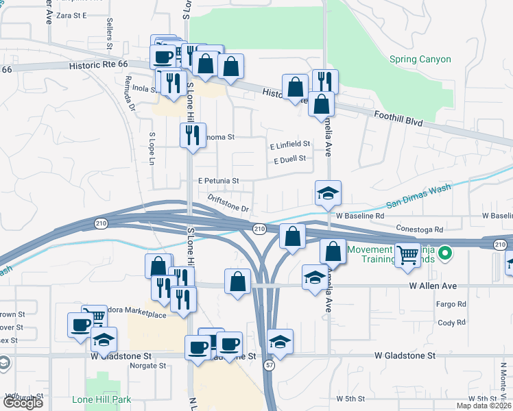 map of restaurants, bars, coffee shops, grocery stores, and more near 942 Sandstone Drive in Glendora