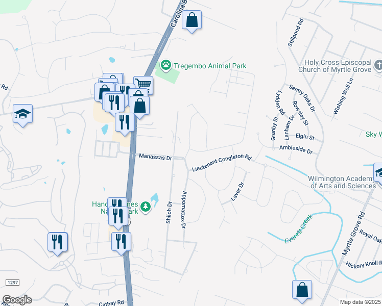 map of restaurants, bars, coffee shops, grocery stores, and more near 5935 Appomattox Drive in Wilmington