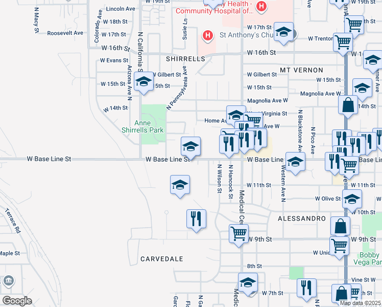 map of restaurants, bars, coffee shops, grocery stores, and more near 1812 West Base Line Street in San Bernardino