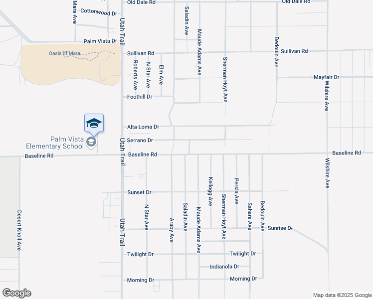 map of restaurants, bars, coffee shops, grocery stores, and more near 74741 Serrano Drive in Twentynine Palms