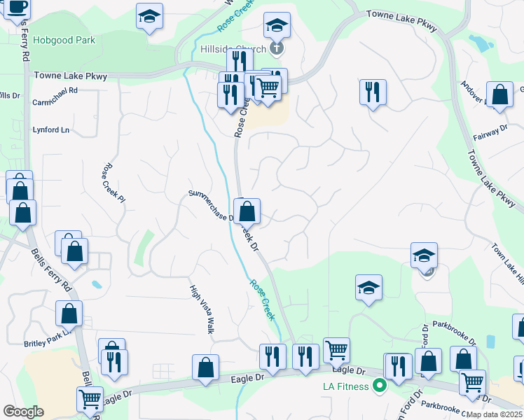 map of restaurants, bars, coffee shops, grocery stores, and more near 718 Rosedale Road in Woodstock