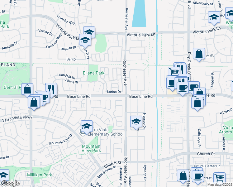 map of restaurants, bars, coffee shops, grocery stores, and more near 11839 Larino Drive in Rancho Cucamonga