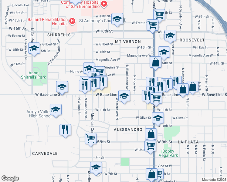 map of restaurants, bars, coffee shops, grocery stores, and more near 1540 West Base Line Street in San Bernardino
