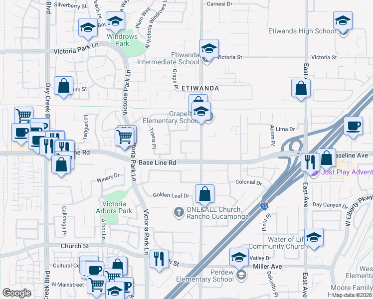 map of restaurants, bars, coffee shops, grocery stores, and more near 12842 Tilden Drive in Rancho Cucamonga