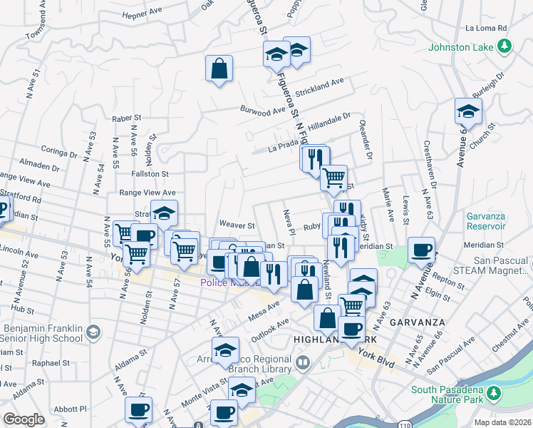 map of restaurants, bars, coffee shops, grocery stores, and more near 561 Meridian Terrace in Los Angeles