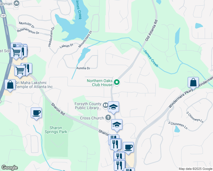 map of restaurants, bars, coffee shops, grocery stores, and more near 2630 Old Atlanta Road in Cumming