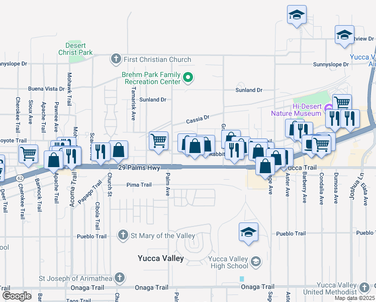 map of restaurants, bars, coffee shops, grocery stores, and more near 56565 Antelope Trail in Yucca Valley