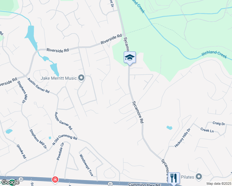 map of restaurants, bars, coffee shops, grocery stores, and more near 1121 Danube Trail Northeast in Sugar Hill