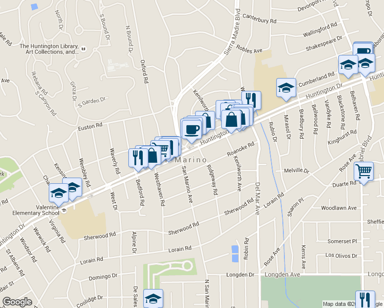 map of restaurants, bars, coffee shops, grocery stores, and more near 2264 Huntington Drive in San Marino