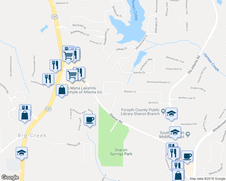 map of restaurants, bars, coffee shops, grocery stores, and more near 3335 Sharon Lane in Cumming