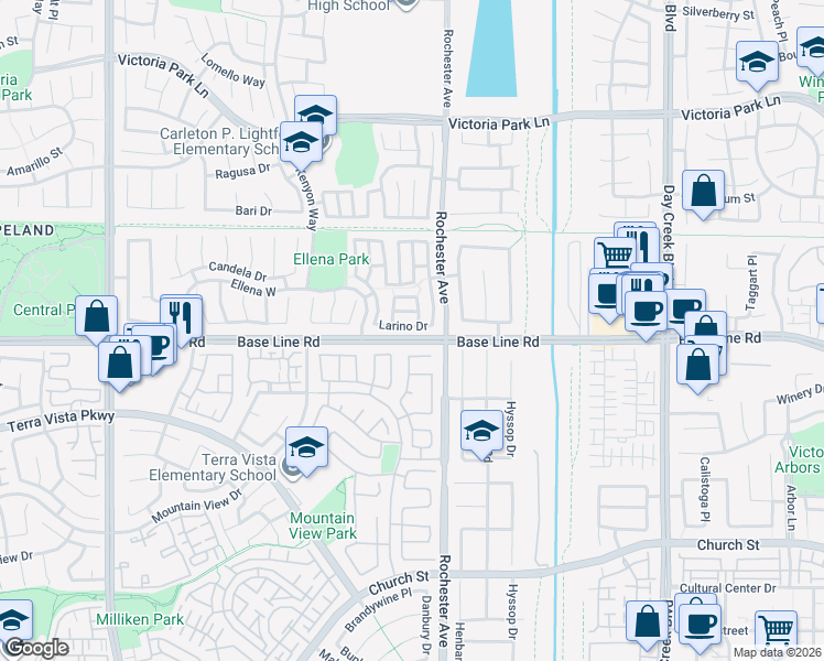 map of restaurants, bars, coffee shops, grocery stores, and more near 11839 Larino Drive in Rancho Cucamonga