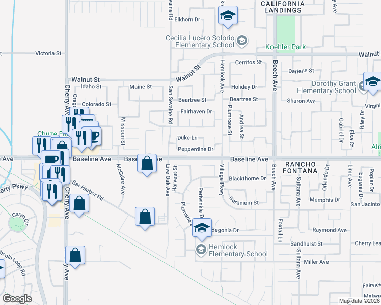 map of restaurants, bars, coffee shops, grocery stores, and more near 14987 Pepperdine Drive in Fontana