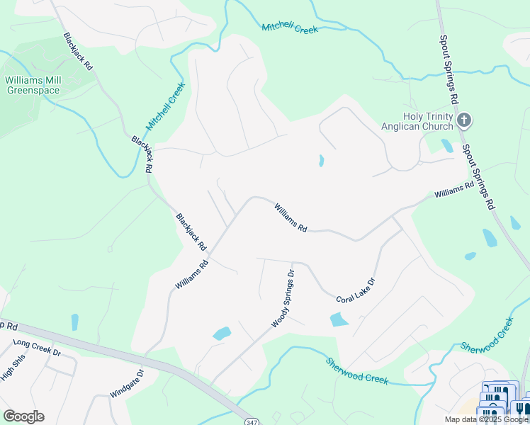 map of restaurants, bars, coffee shops, grocery stores, and more near 7323 Williams Road in Flowery Branch