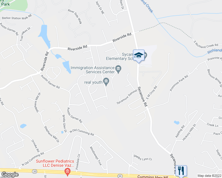 map of restaurants, bars, coffee shops, grocery stores, and more near 5492 Riverside Drive in Sugar Hill