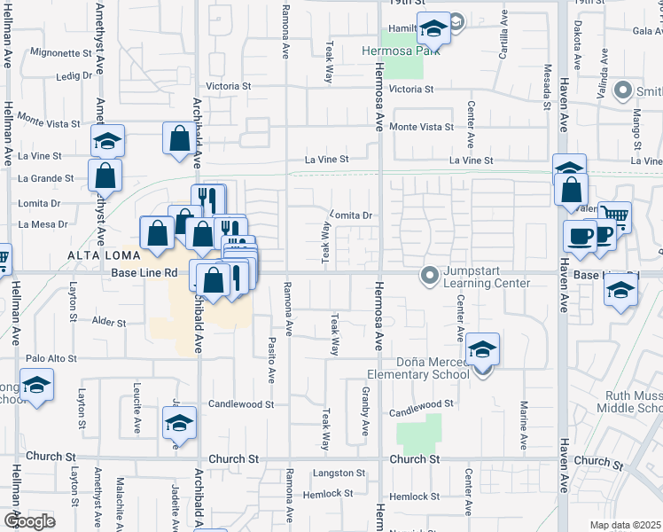 map of restaurants, bars, coffee shops, grocery stores, and more near 7285 Teak Way in Rancho Cucamonga