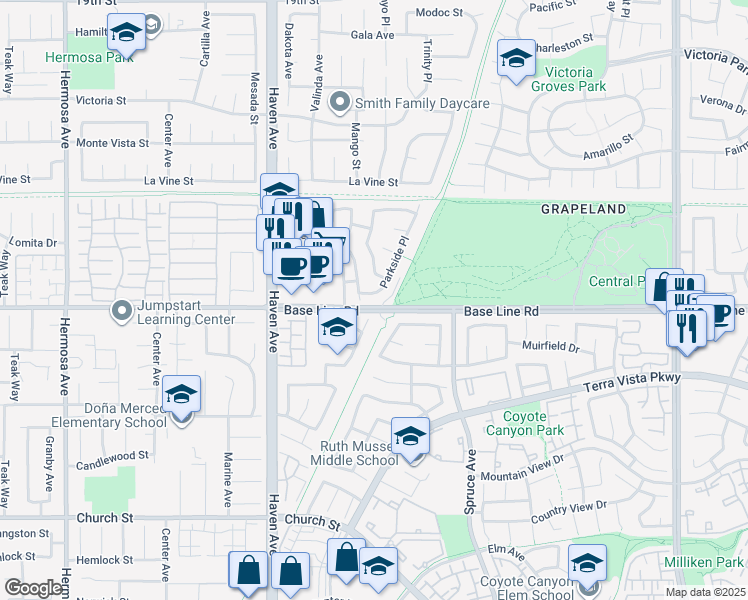 map of restaurants, bars, coffee shops, grocery stores, and more near 7293 Parkside Place in Rancho Cucamonga