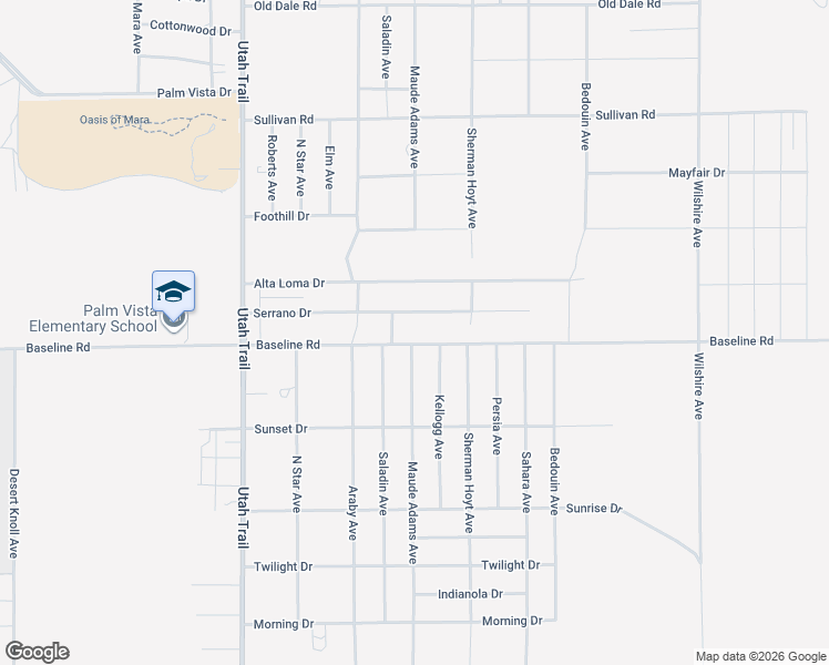 map of restaurants, bars, coffee shops, grocery stores, and more near 74835 Serrano Drive in Twentynine Palms