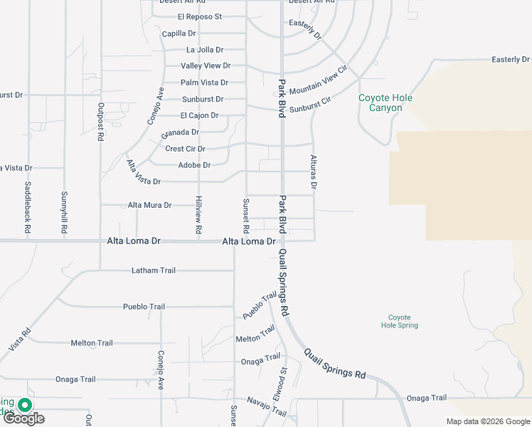 map of restaurants, bars, coffee shops, grocery stores, and more near 61758 Alta Mesa Drive in Joshua Tree