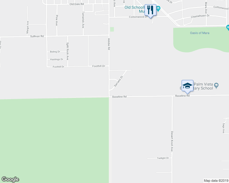 map of restaurants, bars, coffee shops, grocery stores, and more near 73737 Serrano Drive in Twentynine Palms