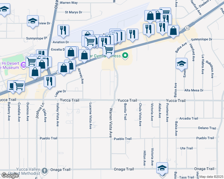 map of restaurants, bars, coffee shops, grocery stores, and more near 7221 Murray Lane in Yucca Valley