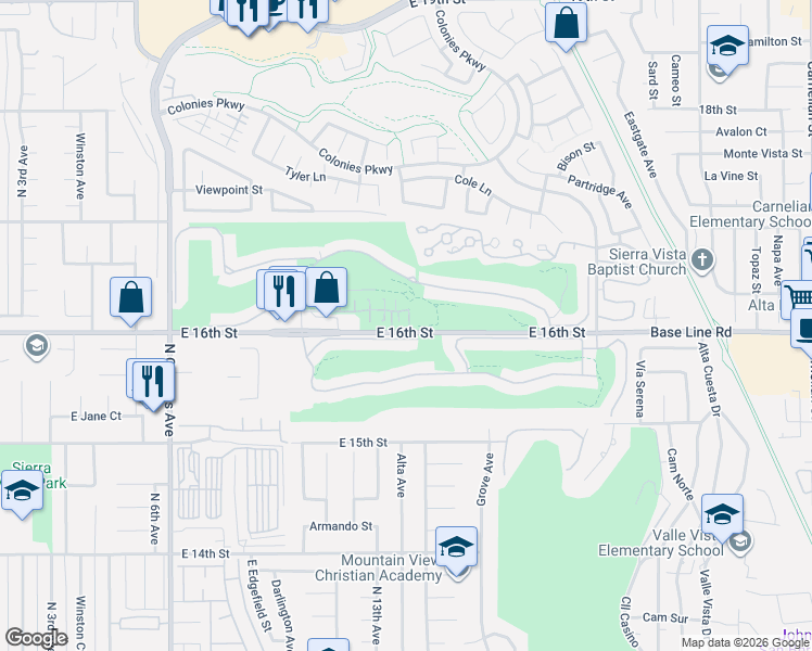 map of restaurants, bars, coffee shops, grocery stores, and more near 1608 Watson Court in Upland