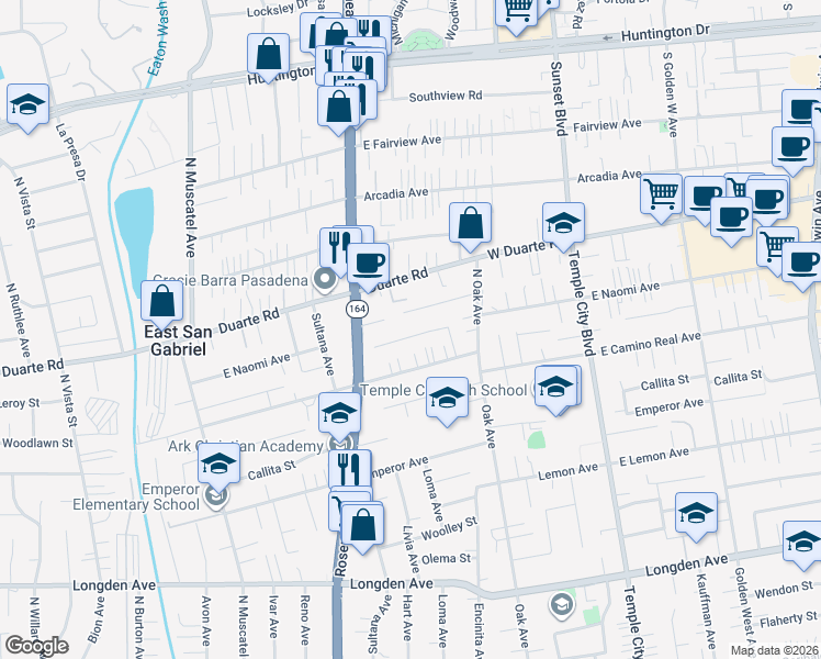 map of restaurants, bars, coffee shops, grocery stores, and more near 9108 Leroy Street in San Gabriel