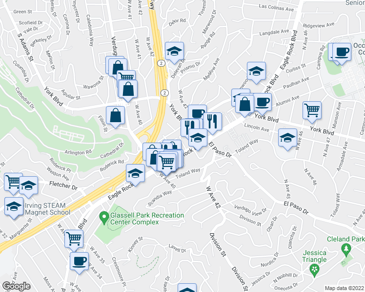 map of restaurants, bars, coffee shops, grocery stores, and more near 4120 Manor Court in Los Angeles