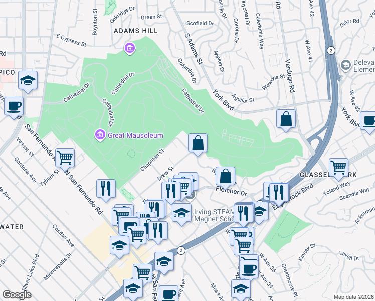 map of restaurants, bars, coffee shops, grocery stores, and more near 3205 Weldon Avenue in Los Angeles