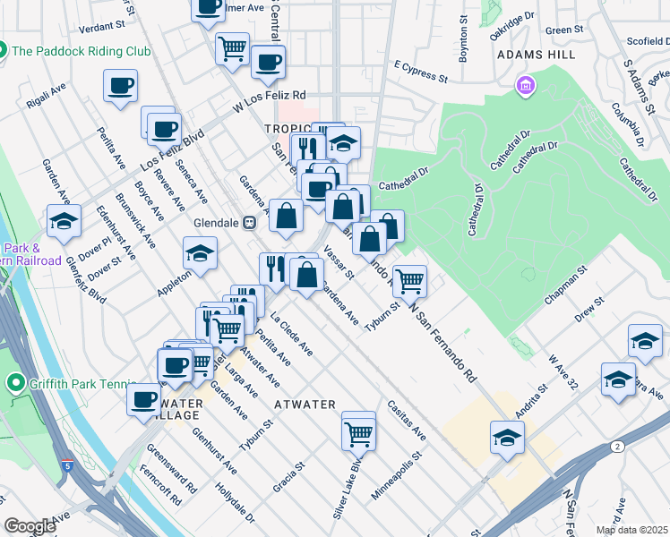 map of restaurants, bars, coffee shops, grocery stores, and more near 1823 Vassar Street in Glendale