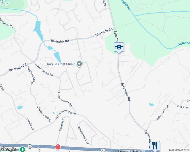 map of restaurants, bars, coffee shops, grocery stores, and more near 5492 Riverside Drive in Sugar Hill