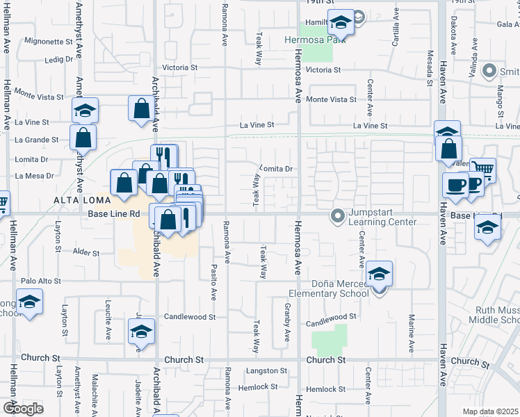map of restaurants, bars, coffee shops, grocery stores, and more near 7285 Teak Way in Rancho Cucamonga
