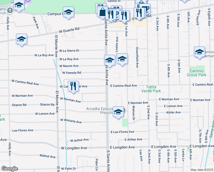 map of restaurants, bars, coffee shops, grocery stores, and more near 2 East Camino Real Avenue in Arcadia