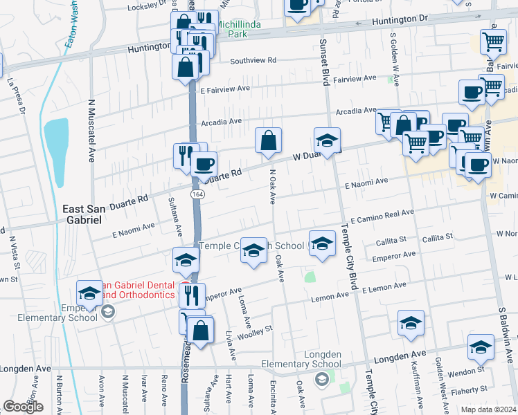 map of restaurants, bars, coffee shops, grocery stores, and more near 6730 Encinita Avenue in San Gabriel