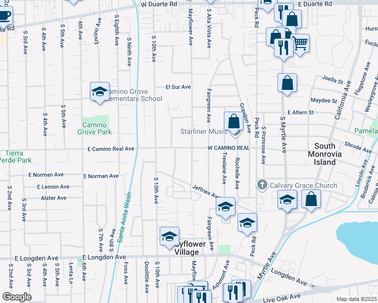 map of restaurants, bars, coffee shops, grocery stores, and more near 1605 Mayflower Avenue in Monrovia