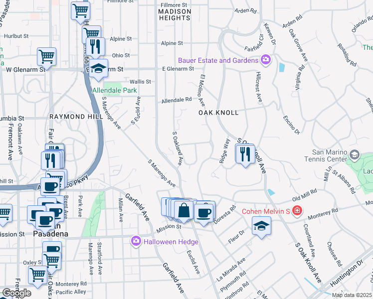 map of restaurants, bars, coffee shops, grocery stores, and more near 540 Woodland Road in Pasadena