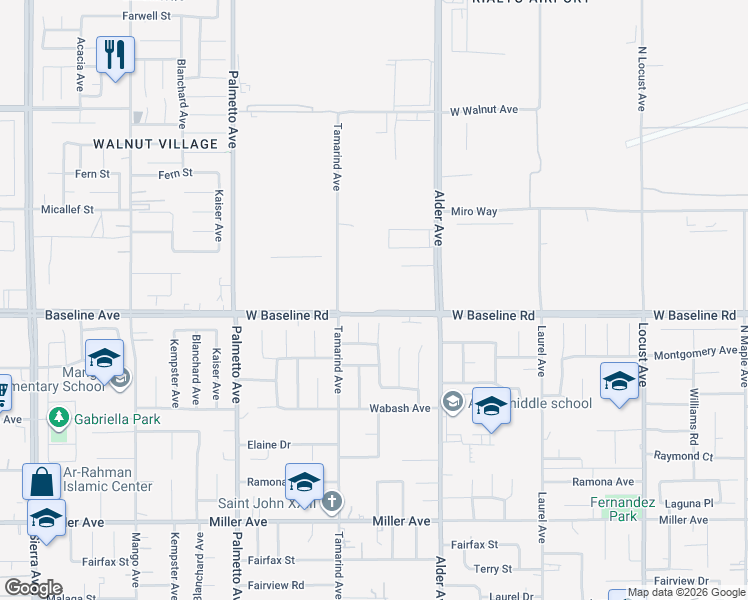 map of restaurants, bars, coffee shops, grocery stores, and more near 2430 West Baseline Road in Rialto