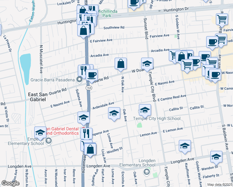 map of restaurants, bars, coffee shops, grocery stores, and more near 6730 Encinita Avenue in San Gabriel