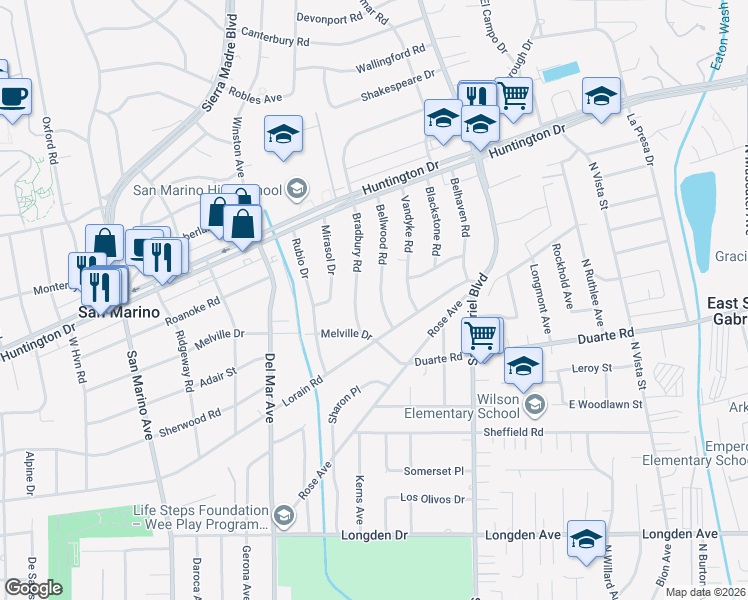 map of restaurants, bars, coffee shops, grocery stores, and more near 1525 Bellwood Road in San Marino