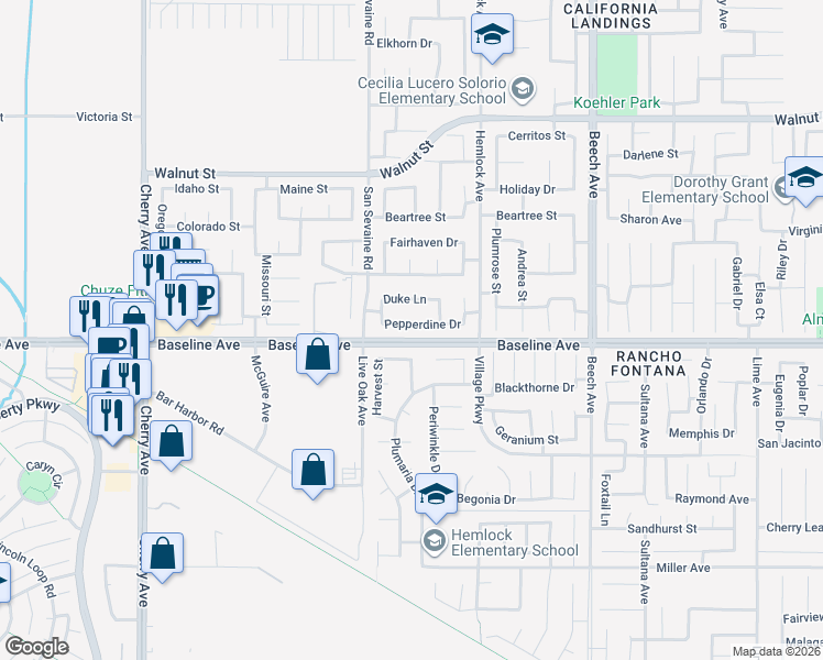 map of restaurants, bars, coffee shops, grocery stores, and more near 14987 Pepperdine Drive in Fontana