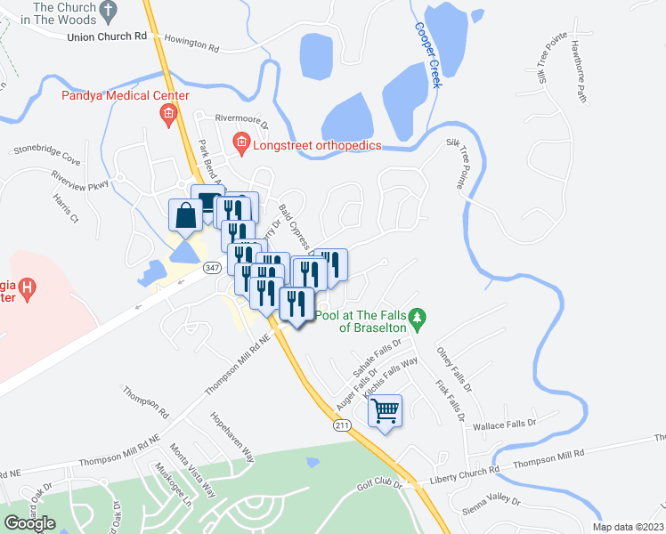 map of restaurants, bars, coffee shops, grocery stores, and more near 6443 Grand Hickory Drive in Braselton